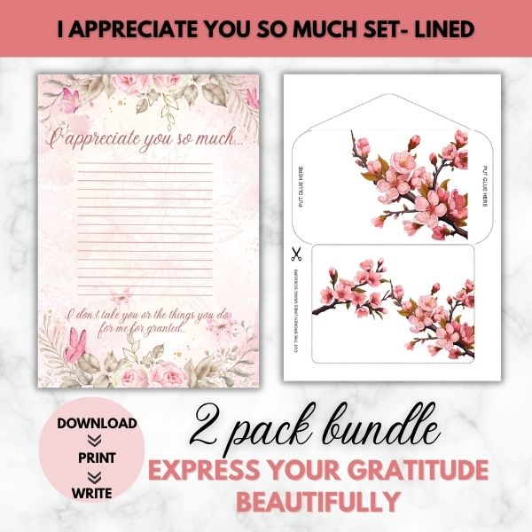 I Appreciate You So Much Gratitude Prompt Paper Set (Lined)