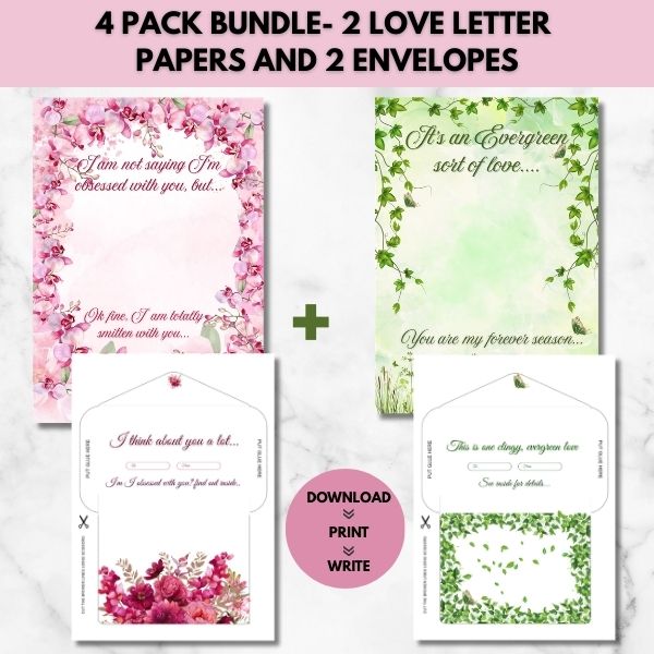 I’m Not Saying I’m Obsessed With You & An Evergreen Sort of Love – Romantic Love Letter Paper 4 pack Bundle (Unlined)