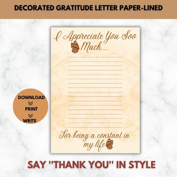 For Being a Constant in My Life- Gratitude Letter Prompt Paper Set (Lined)