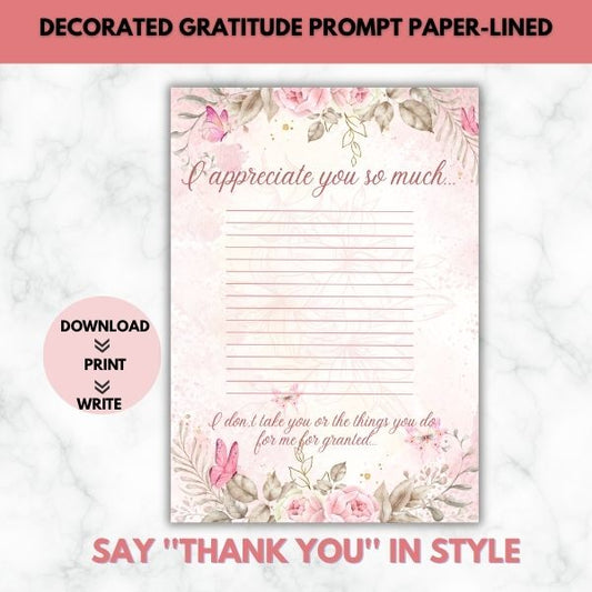 I Appreciate You So Much Gratitude Prompt Paper Set (Lined)