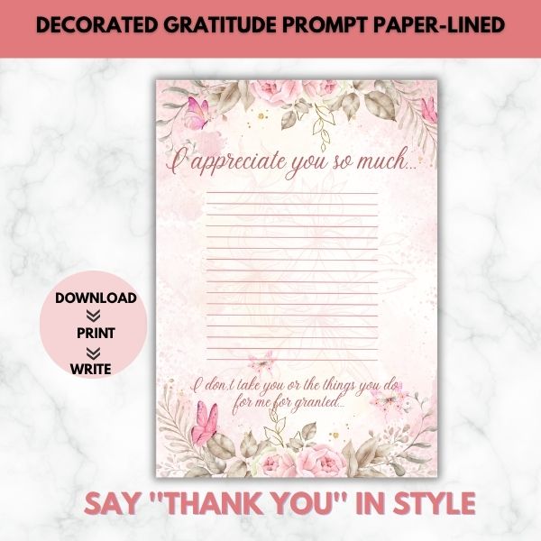 I Appreciate You So Much Gratitude Prompt Paper Set (Lined)