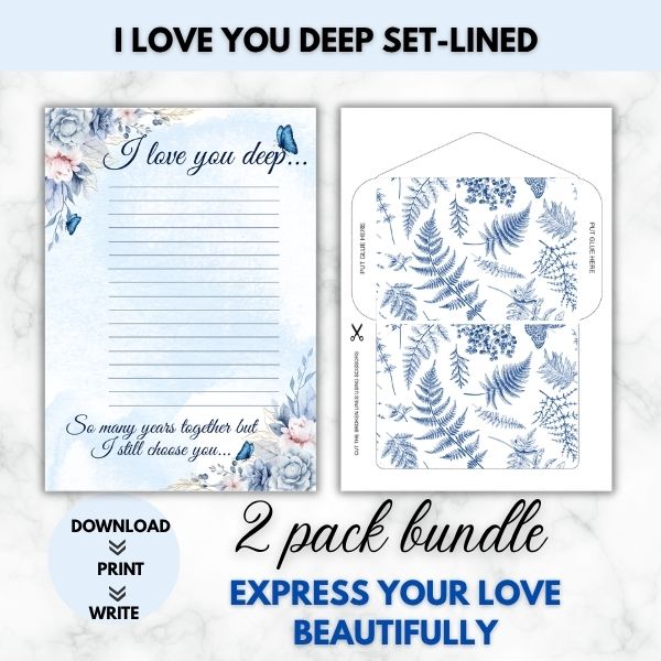 I love you deep- Love Letter Prompt Paper & Envelope Set (Lined)
