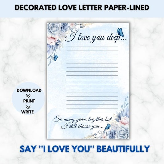 I love you deep- Love Letter Prompt Paper & Envelope Set (Lined)
