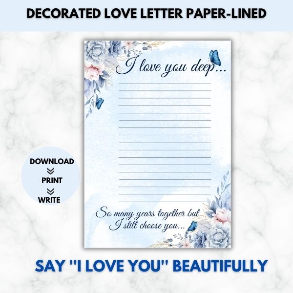 I love you deep- Love Letter Prompt Paper & Envelope Set (Lined)