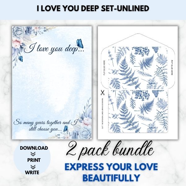 I love you deep- Love Letter Prompt Paper & Envelope Set (Unlined)