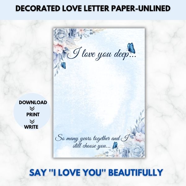 I love you deep- Love Letter Prompt Paper & Envelope Set (Unlined)