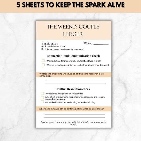 Couples Weekly Check-in Ledger – Printable Relationship Check-In Worksheet (5 Page Guided Relationship Audit)
